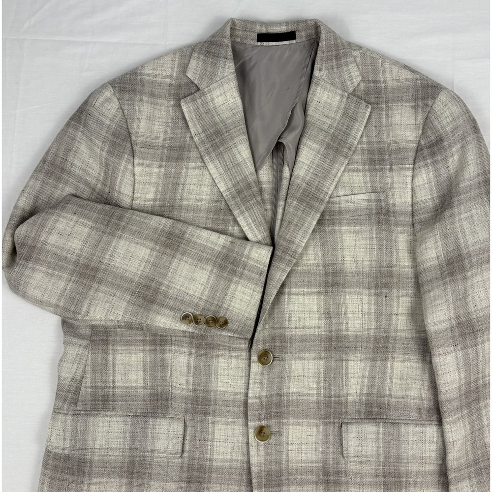 Drago x Ticknors Linen/Wool Semi-Lined Sport Coat 40S Ivory/Gray/Beige Plaid EUC